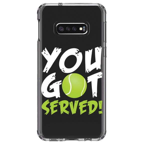 DistinctInk Clear Shockproof Hybrid Case for Samsung Galaxy S10e (5.8" Screen) - TPU Bumper Acrylic Back Tempered Glass Screen Protector - You Got Served Tennis