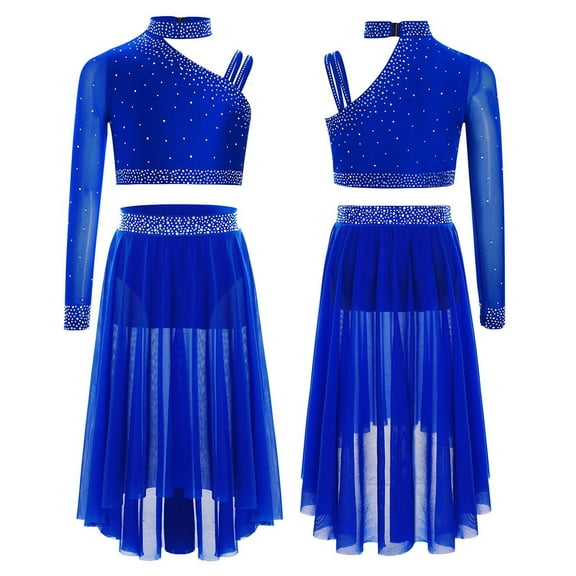 SiiRoh Girls 2-Piece Ballet Lyrical Dance Outfit Set Single Long Sleeve Crop Tops with Mesh Skirts Blue 12