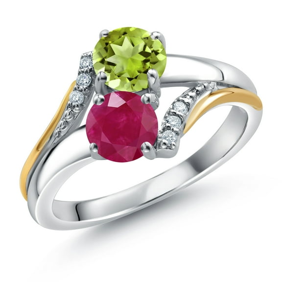 Gem Stone King 10K Yellow Gold and 925 Silver Red Ruby and Green Peridot and White Lab Grown Diamond Accent Engagement Ring for Women (1.13 Cttw, Gemstone July Birthstone, Round 5MM, Size 7)