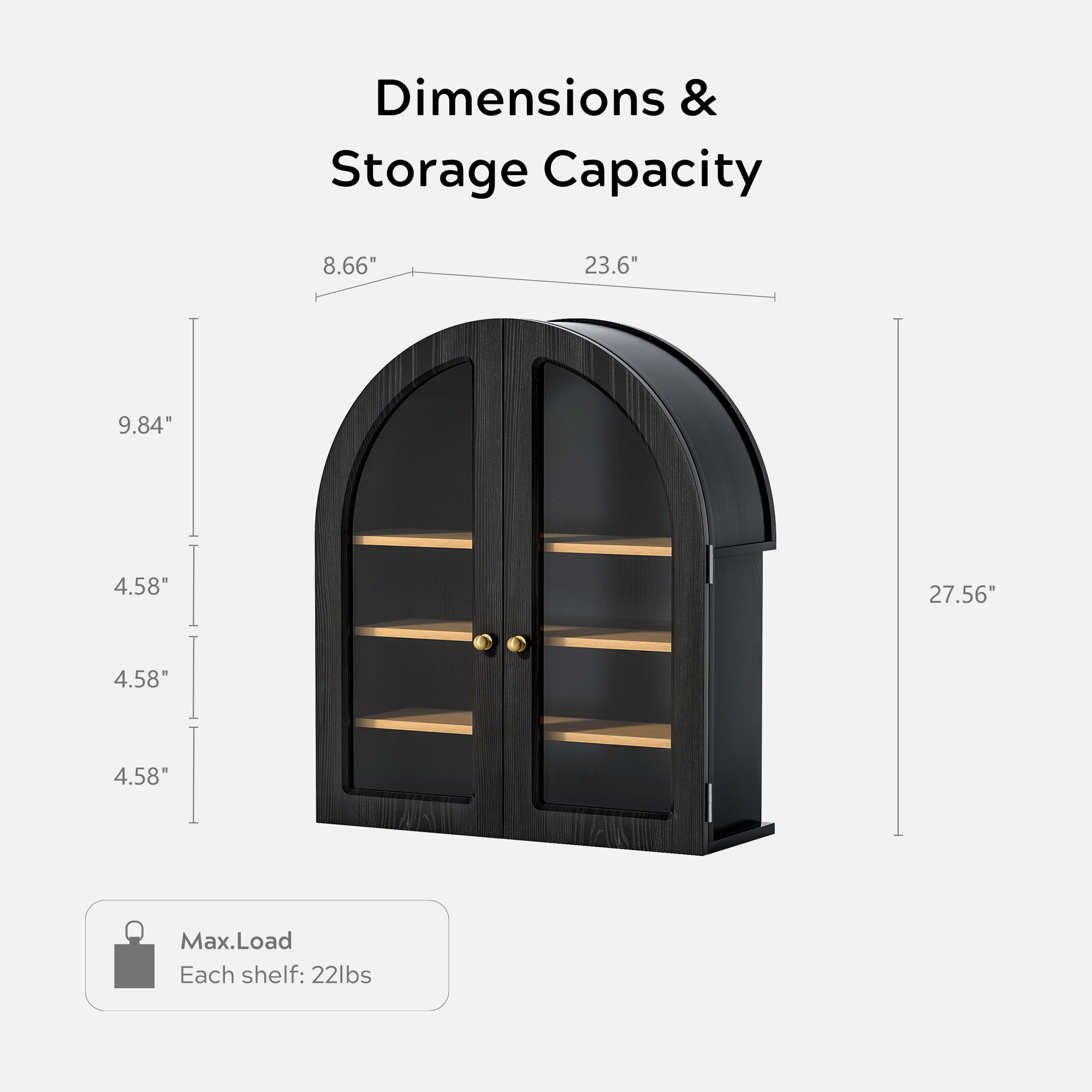 EYYTHUNG Modern Arched Wall Cabinet, Large Medicine Cupboard Black Cabinet for Bathroom with Adjustable Shelf, Black Oak