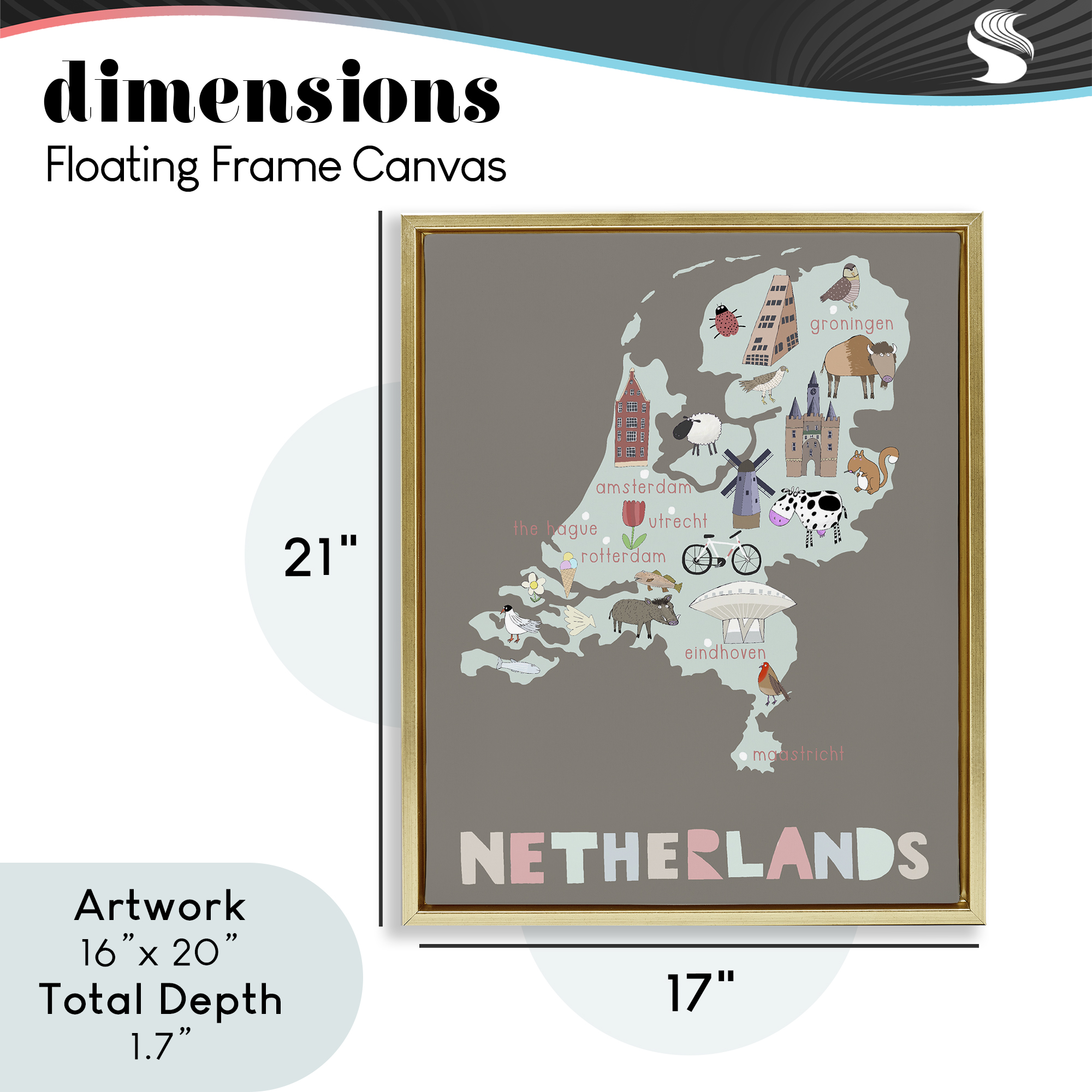 Kid's Map of Netherlands Gold Framed Floater Canvas Wall Art, design by Carla Daly