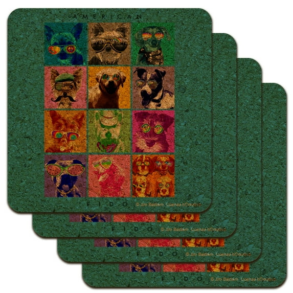 American Fido Dogs Sunglasses Rainbow Retro Vintage Low Profile Novelty Cork Coaster Set