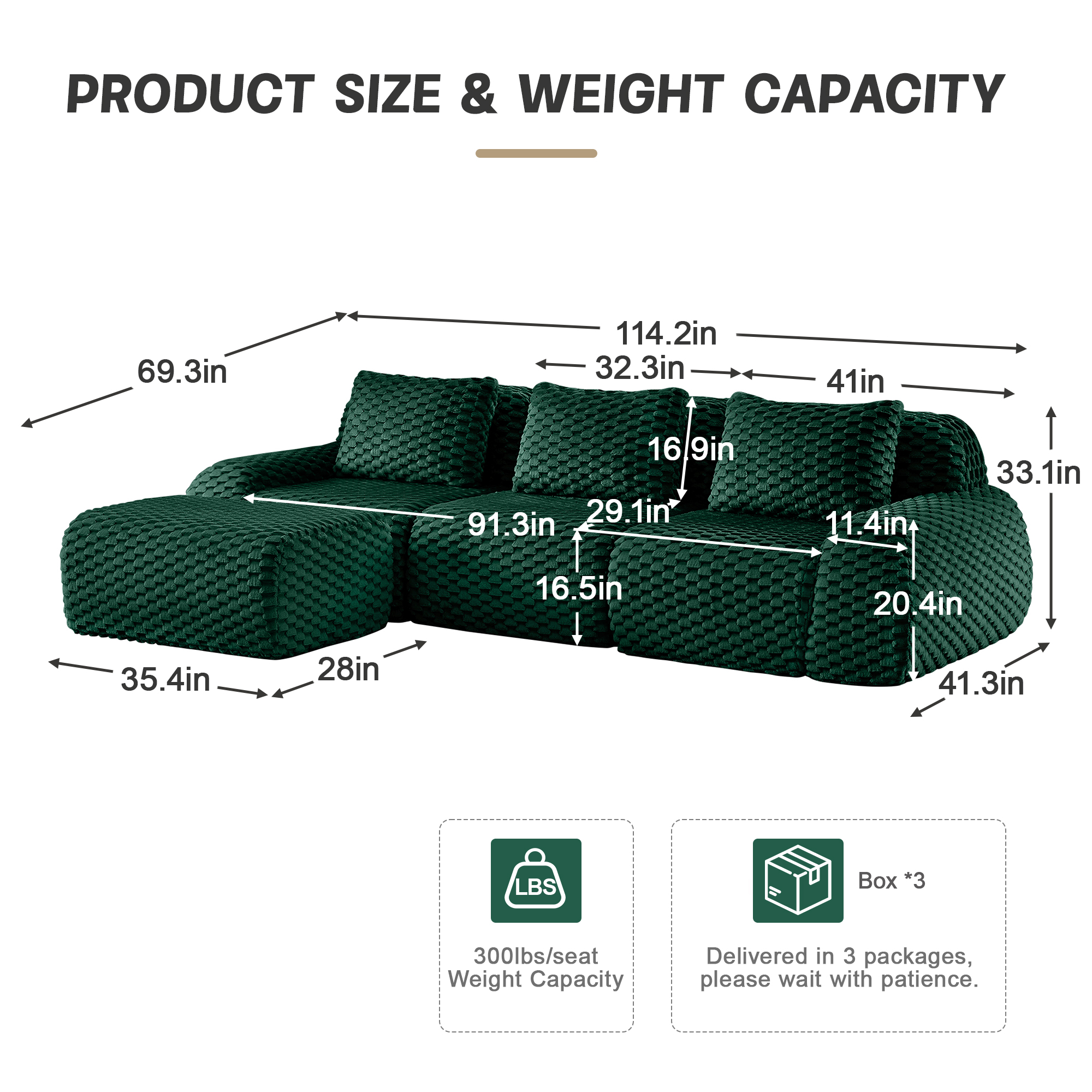 Aukfa 114" L-Shaped Modular Sectional Sofa, 29" Deep Seat Oversized Cloud Couch with Ottoman, Flannelette Upholstered 3-Seater Sofa for Living Room, Green