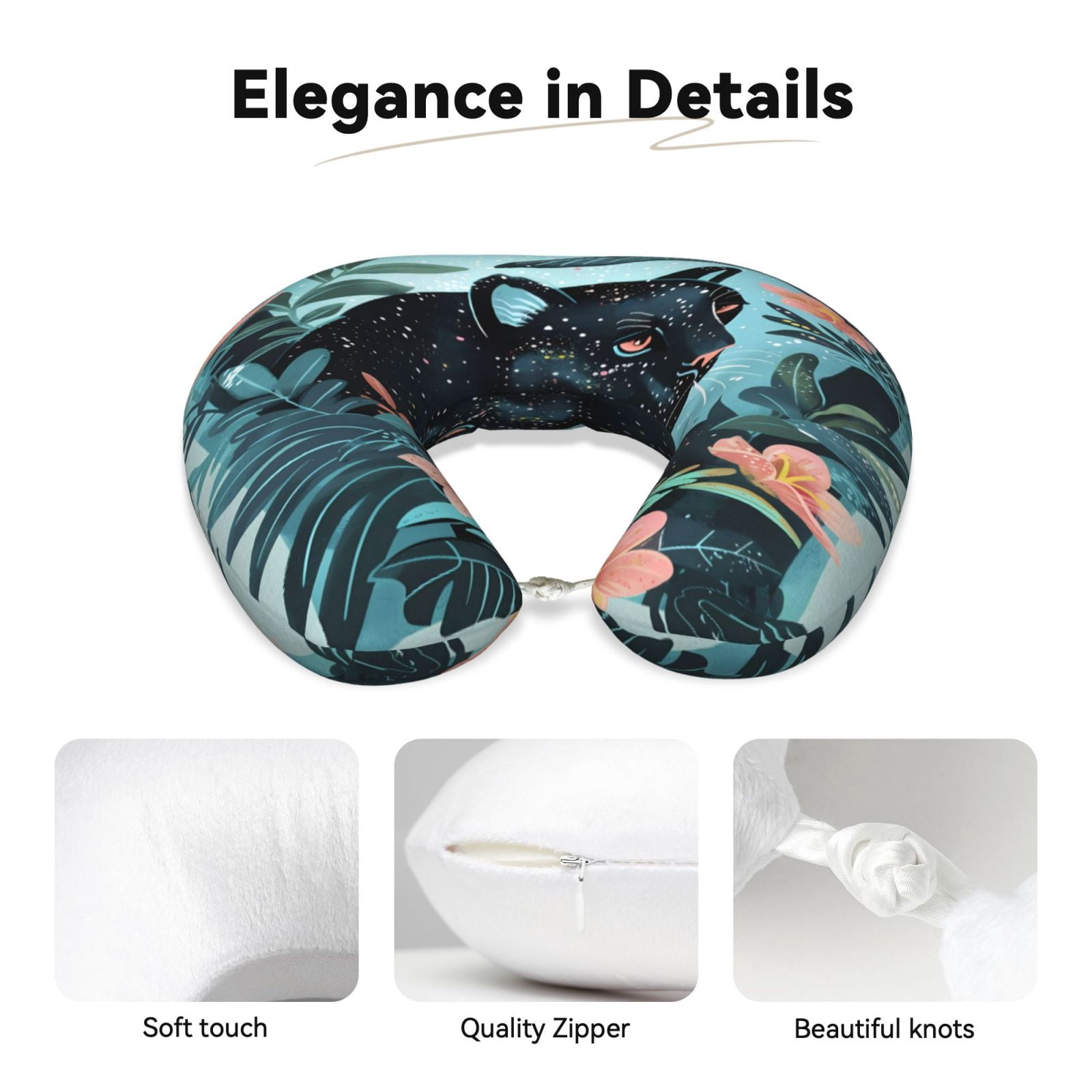 Xecao Black Panther Floral Illustration Print Memory Foam Cervical Neck Pillow Versatile U-Shaped Pillows for Home,Office,Camping,Travelling,Soft Washable Cover