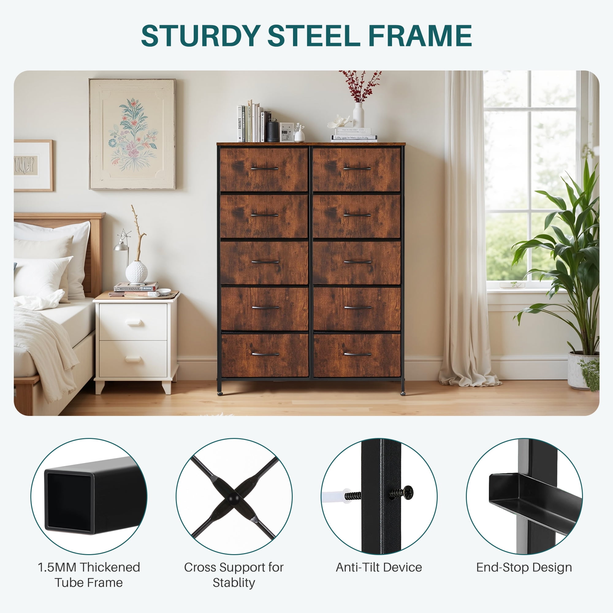Nextay 10-Drawer Fabric Dresser for Bedroom, Storage Dresser Closet with Steel Frame & Wooden Top for Living Room, Entryway, Brown