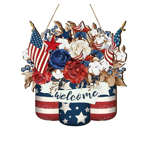 LanSuare 4th of July Wooden Colorful Flower Patterns Hanging Pendants Memorial Day Door Hanger Decoration for Independence Day Porch Wall Window