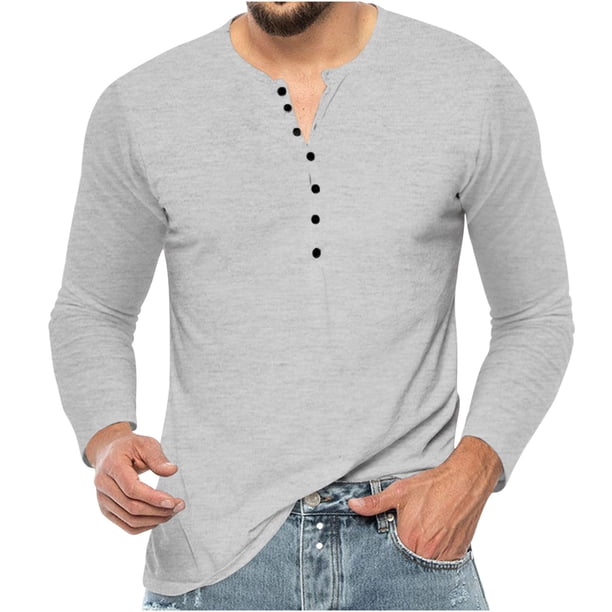 Blusas y camisas de manga larga con cuello redondo para hombre, cuello redondo, botones, boca plana, deportivas para hombre, blusas y camisas de manga larga con cuello redondo para hombre