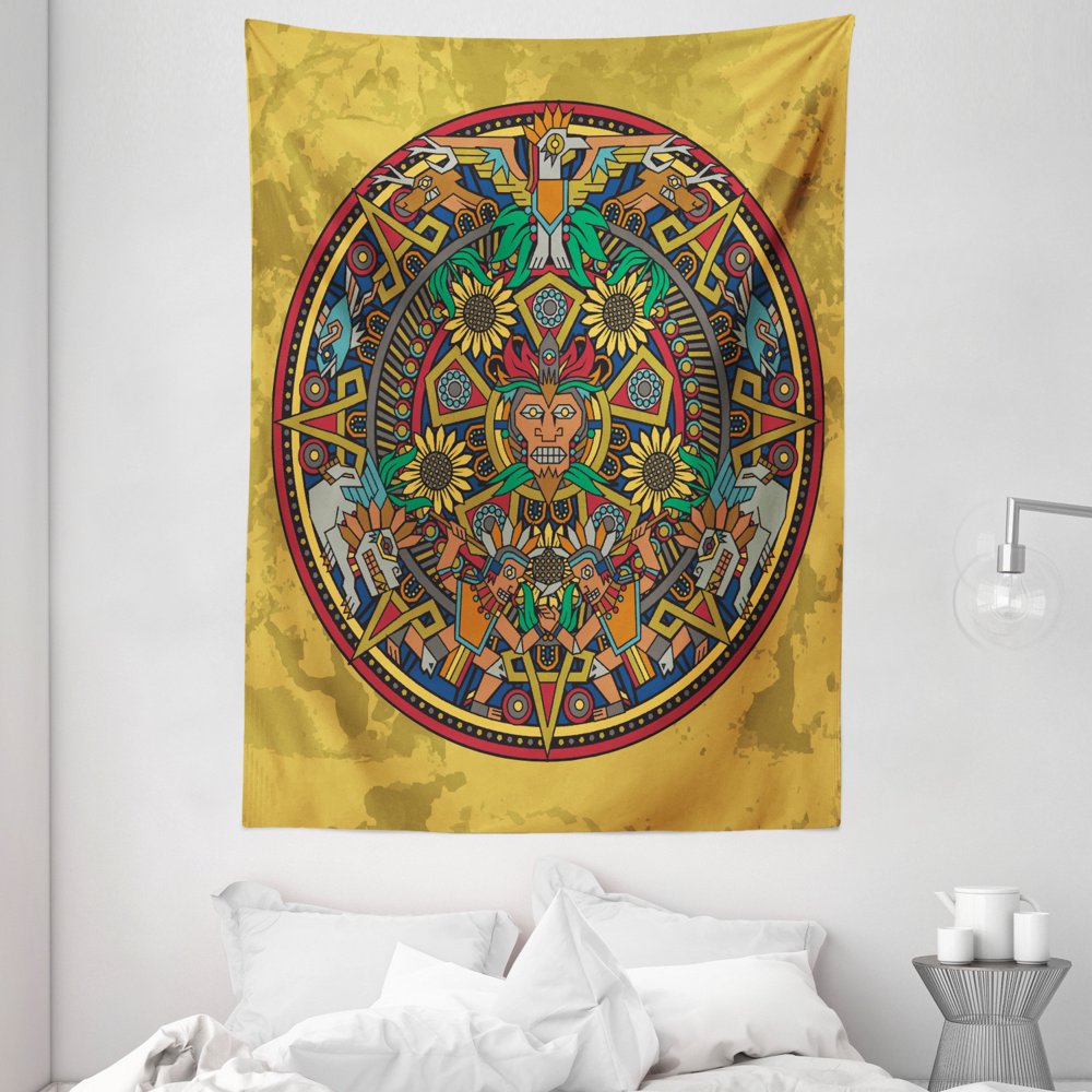 Aztec Tapestry, Ancient Folklore Elements with Animals and Geometric