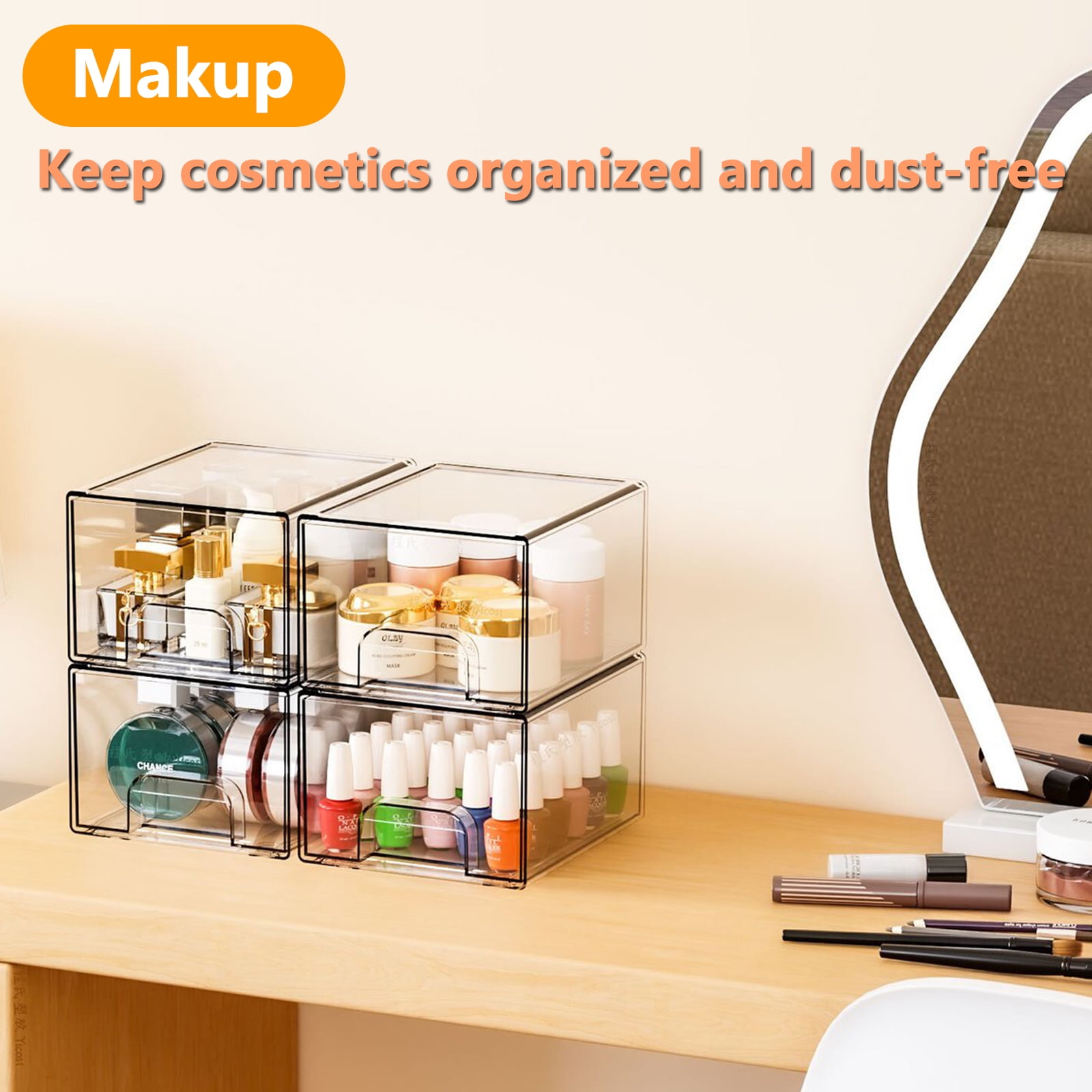 Kisportee 4 Pack Stackable Makeup Storage Drawers, 4.4'' Tall Clear Bathroom Makeup Cosmetics Organizer, Plastic Storage Bins for Vanity, Undersink, Kitchen Organization