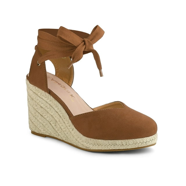 BLISSFUL STEP Chaussures pour Femmes Sandales Espadrilles à Talon Compensé Haut Bout Rond Brun 7,5