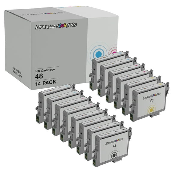 DI Ink Cartridge Replacements for Epson 48 T048 (14-Pack Multi Color Set) Compatible with Stylus Photo R200, R220, R300, R300M, R320, R340, RX500, RX600, RX620