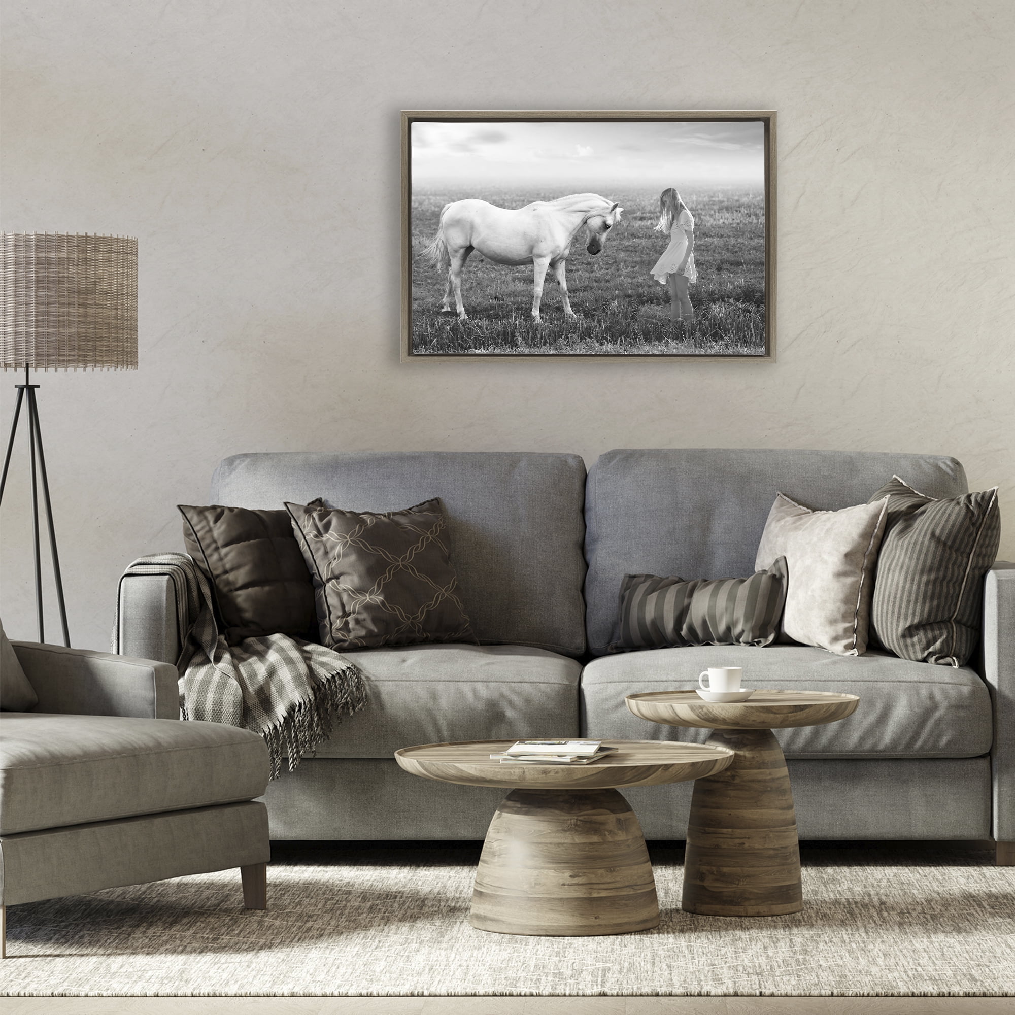 Her White Horse Brown Framed Floater Canvas Wall Art, design by Ata Alishahi