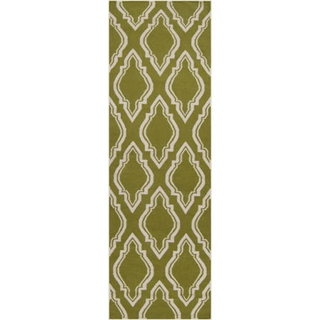 Pear Scroll - 2.5' x 8' Diamond Scroll Avocado Green and White Wool Area Throw Rug