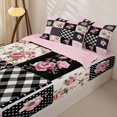 thumbnail image 3 of Homewish Pink Flowers Zipper Full Size Comforter Sets with Fitted Sheet and 2 Pillowcases For Girls Kids,Geometric Patchwork Grid Zipper Bedding Set,Reversible,4 Pieces, 3 of 7