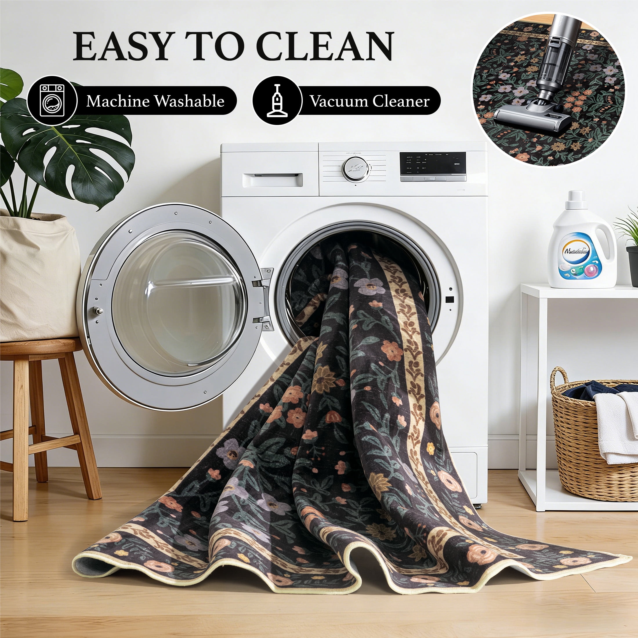 SORONO KATE 4'x6' Floral Area Rugs for Living Room, Machine Washable Oriental Vintage Distressed Non Slip Soft Indoor Area Carpet, Black/Green