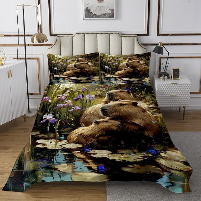 Erosebridal Wildlife Capybara Coverlet Set King,Butterfly Bedding Set,Flower Decor,3-Piece