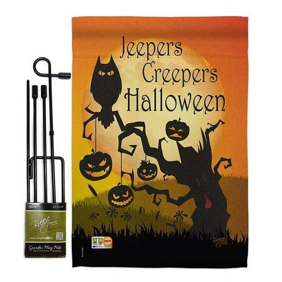 Breeze Decor BD-HO-GS-112008-IP-BO-D-US15-BD 13 x 18.5 in. Jeepers Creepers Fall Halloween Vertical Double Sided Mini Garden Flag Set with Banner Pole