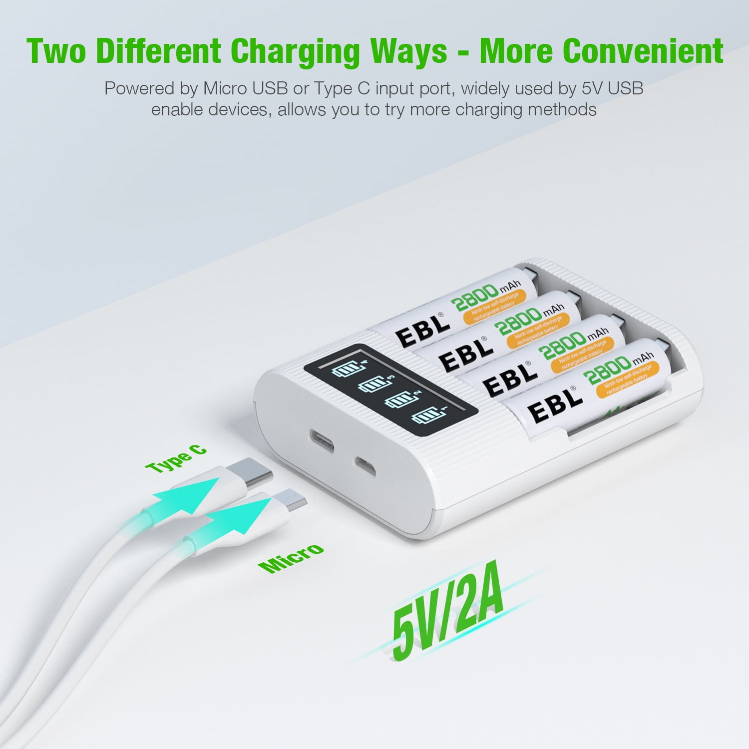 EBL 8-Pack 2800mAh AA Rechargeable Batteries + LCD Battery Charger