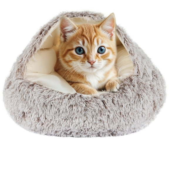 ZUPOX Cat Bed with Hooded, Fluffy Plush Cat Cave Bed, Calming Dog Beds with Cover Cave, Self Warming Pet Bed for Small Medium Pets, 24", Khaki