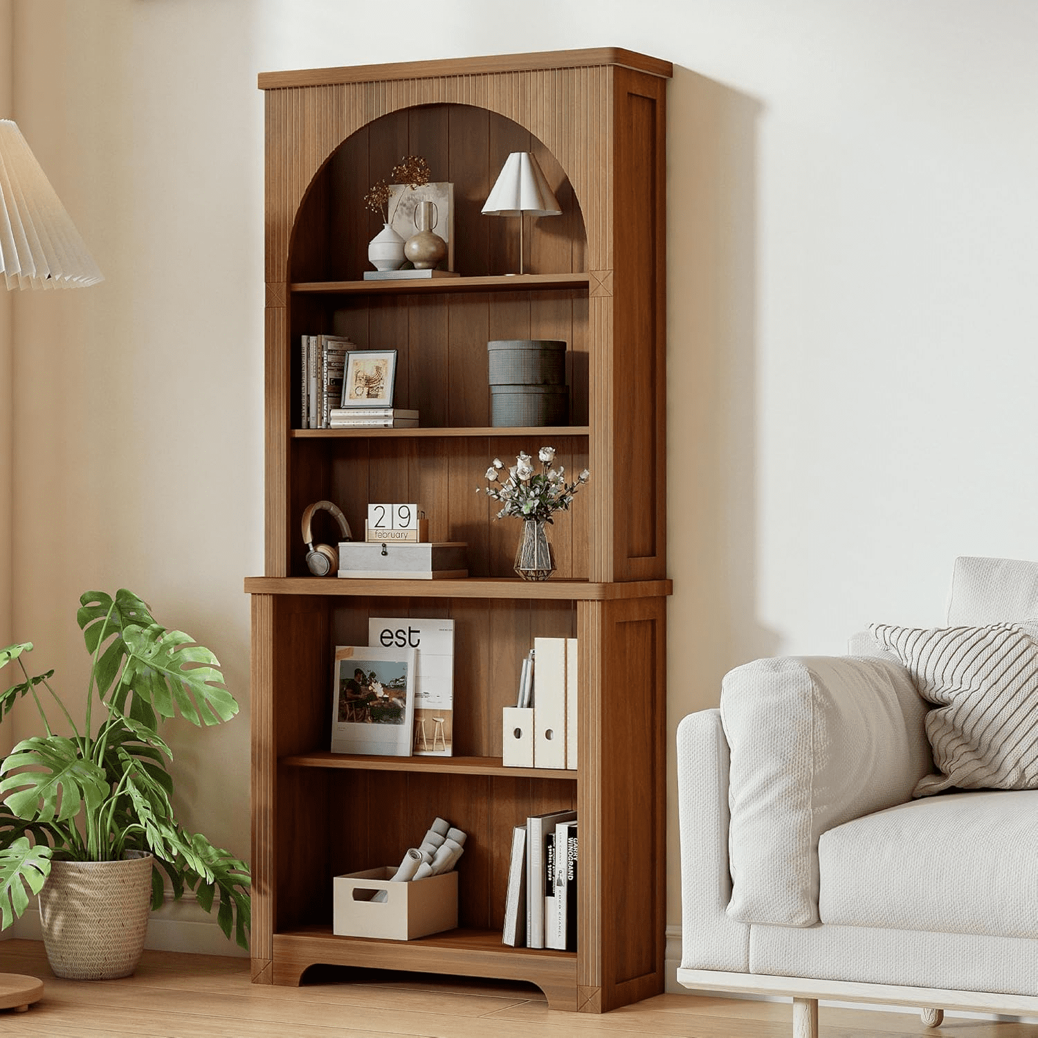 LEFHDA 71" Tall Bookshelf, 5-Tier Bookshelf, Farmhouse Arched Bookcase, Open Display Storage Shelf Adjustable Bookshelf for Home Office, Living Room(Walunt)