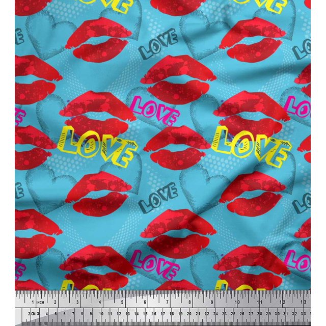 Soimoi Blue polyester Crepe Fabric Text,Lips & Heart Printed Craft Fabric by the Yard 52 Inch Wide
