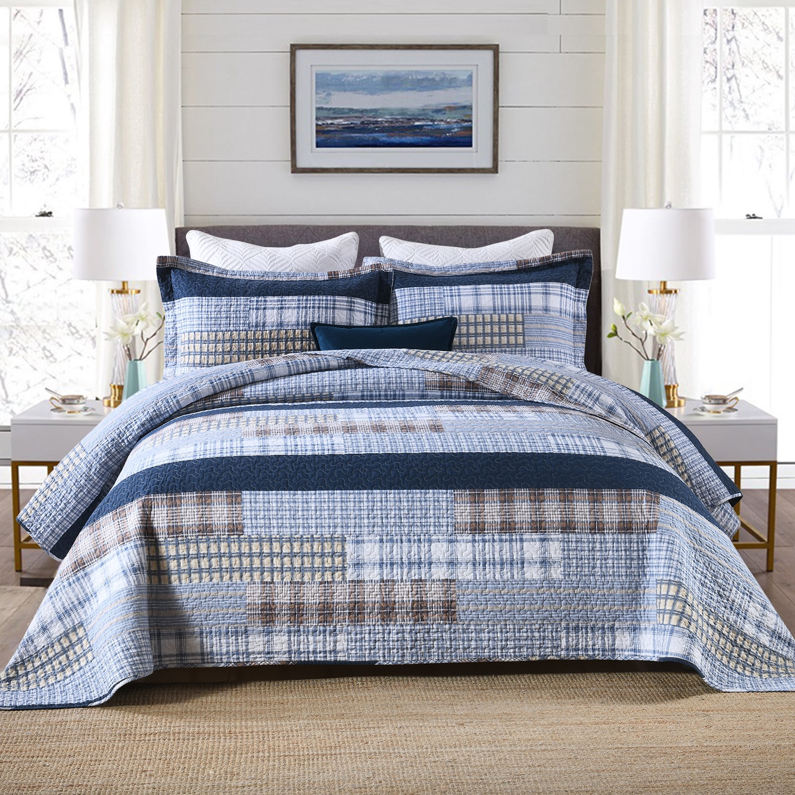 Bedduvit Navy Blue Cotton Quilt Queen - 100% Cotton Patchwork Plaid Striped Quilts for Queen Beds, Lightweight Reversible Modern Farmhouse Bedspread Quilt Set, 3-Piece All-Season Quilt Bedding Set