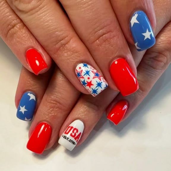 lanema 4th of July Glues on Nail Short Square Fake Nail Independence Day French Tip Press on Nail Artificial Acrylic Nail