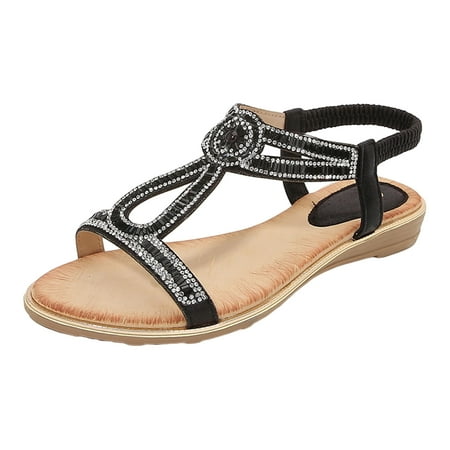 

YUHAOTIN Sandals for Women 2024 Wedges Ladies Summer Fashion Hollow Rhinestone Flat Bottom Bohemian Comfortable Large Size Beach Shoes Sandals Summer Sandals Platform