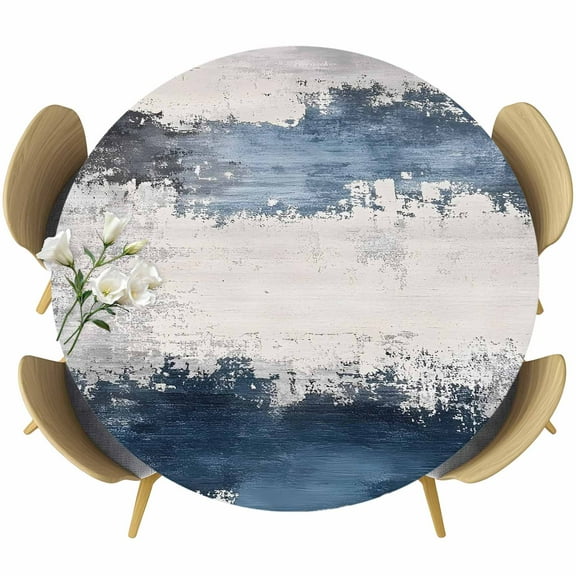 Navy Blue Grey Round Tablecloth 45-54 Inch Round Fitted Table Cloth with Elastic Edge, Modern Abstract Art Retro Waterproof Table Cover Protector for Outdoor Picnic Party Dining