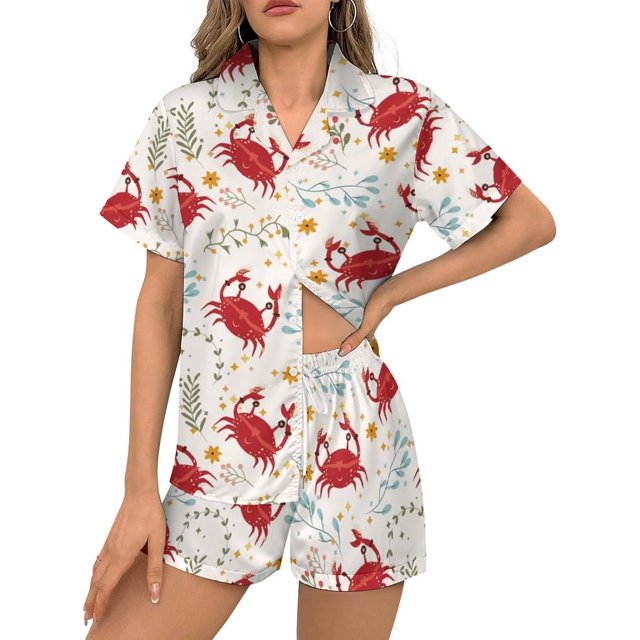 SKQIT Ensembles de Pyjama à Manches Courtes pour Femmes, 2 Pcs Imprimé Mignon Chemise Boutonnée en Satin Doux et Shorts