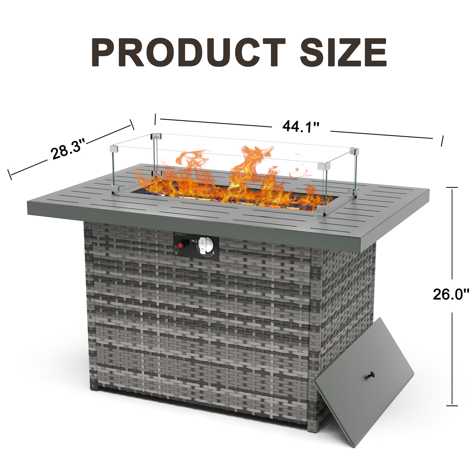44" Propane Gas Fire Pit Table, 55000 BTU Rectangular Fire Pit with Glass Wind Guard for Outside Patio Deck Garden Backyard