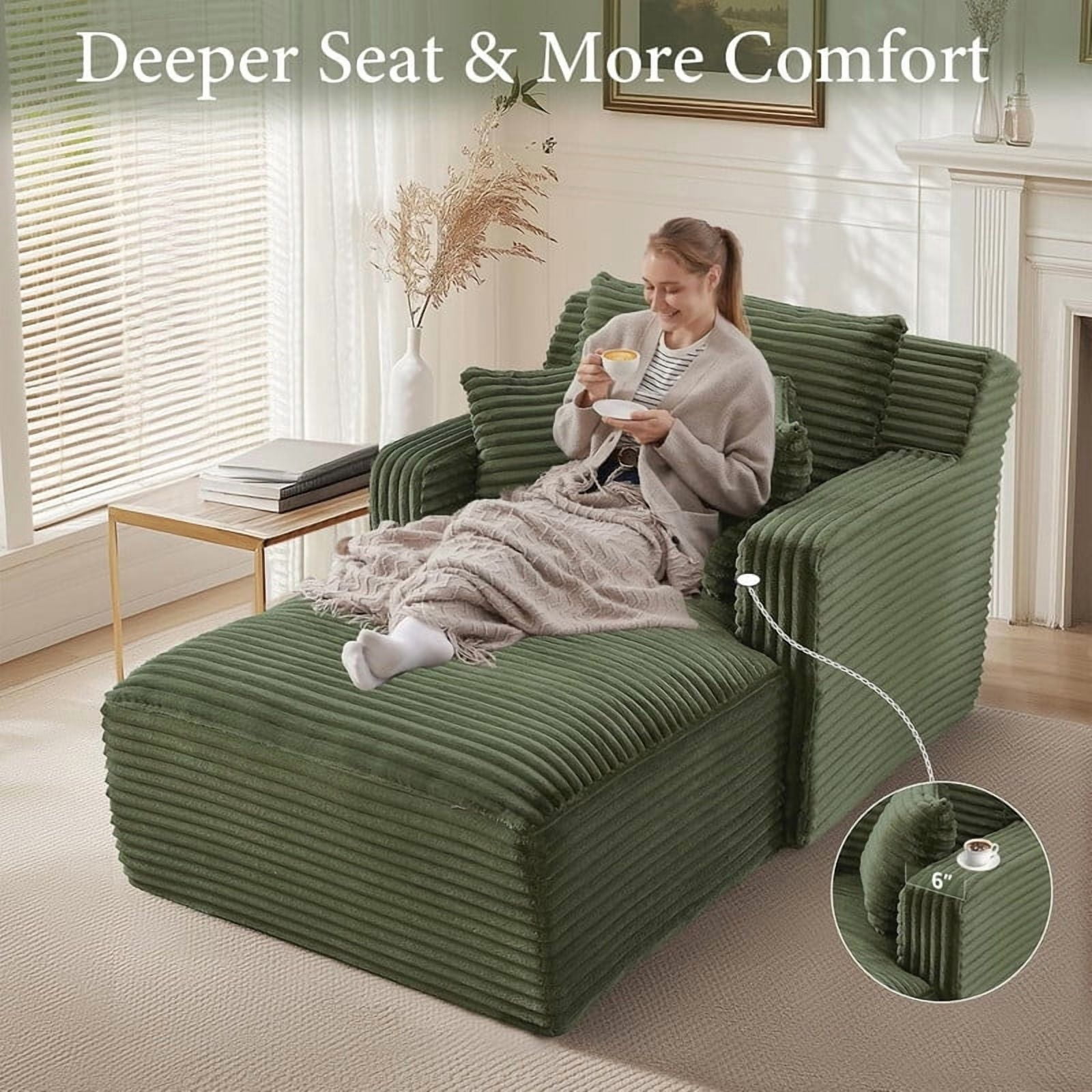 Indoor Single Chaise Lounge Sofa Chair, Modern Corduroy Upholstery Sleeper Bed Lounger Sofa Chair for Living Room,Office,Apartment, 39.4''x65.4''