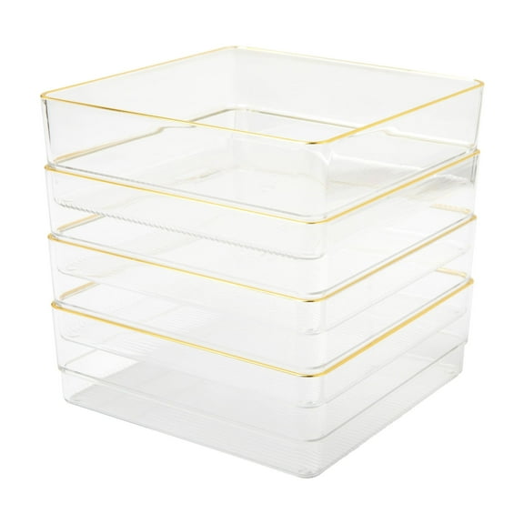 Martha Stewart Kerry 4 Pack Plastic Stackable Office Desk Drawer Organizers with Gold Trim, 6" x 6"