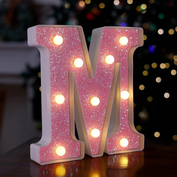 Marquee Light Up Letters, Pink Glitter LED Letter Lights - Letter M