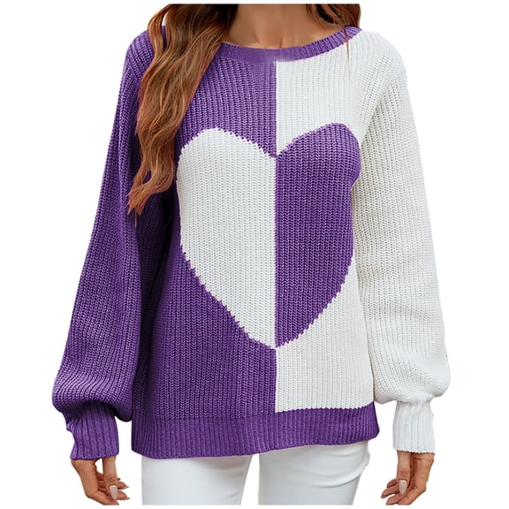 Odeerbi Sweaters For Women Fall Winter Knit Sweater Long Sleeved Round Neck Solid Love Print Long Sleeves Casual Pullover Top Purple