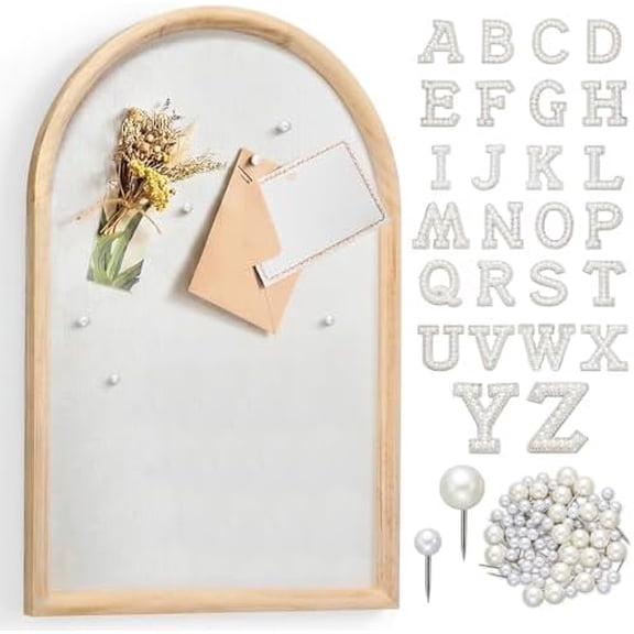 24x16 Arch Bulletin Board with Pin Linen Display Framed Decorative Hanging Wood Vision Arch Cork Board for Wedding Wall Office School Home Decor, 70 Pearl Studs, 26 English Letter Stickers$$Office