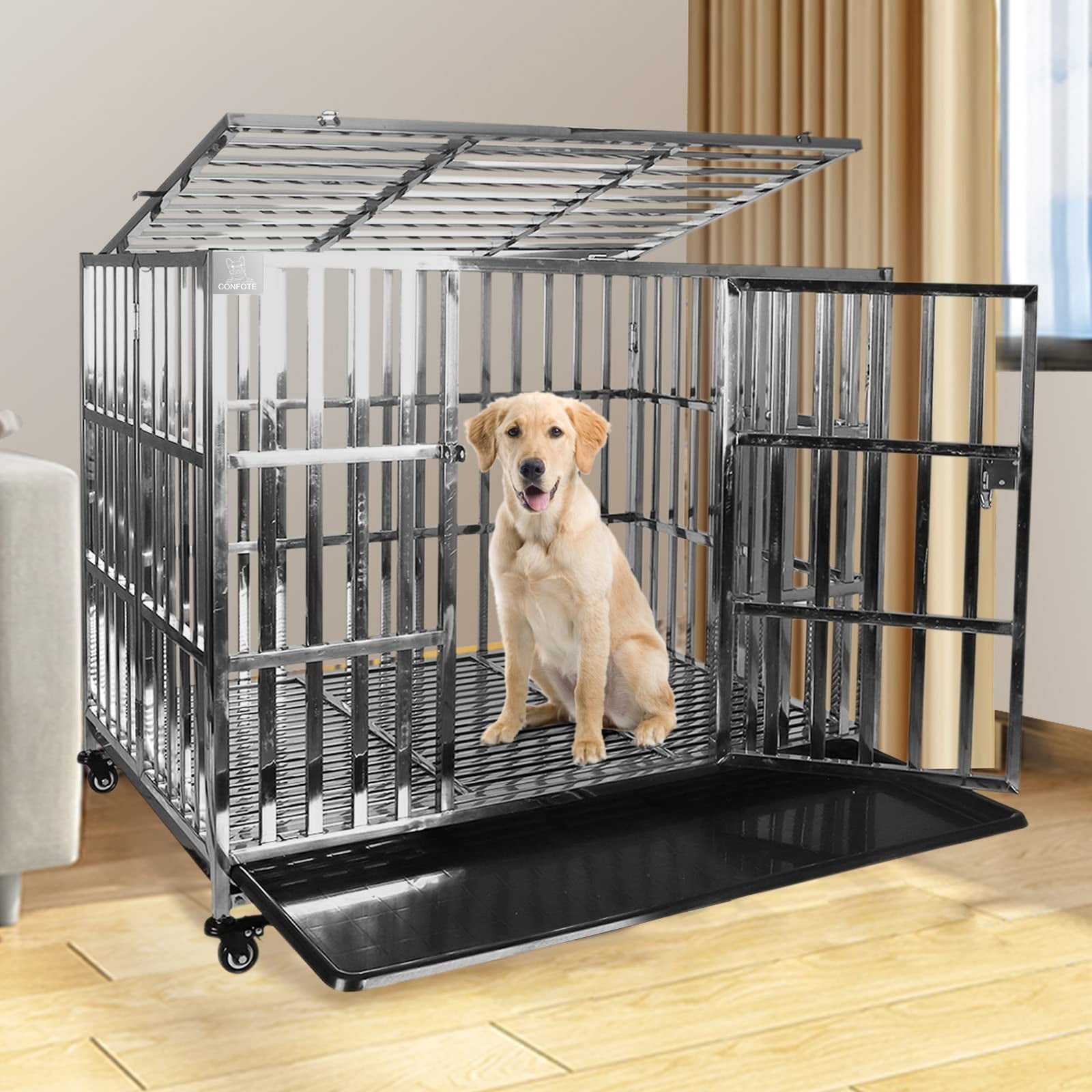 Confote Stackable Heavy Duty Dog Cage Pet Stainless Steel Crate for Small Dogs with Tray in-Door Foldable, Portable for Animal Out-Door Travel,42"