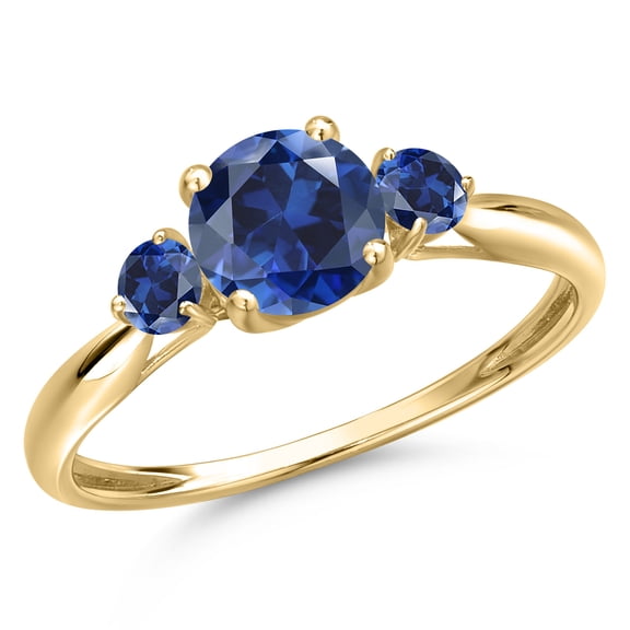 Gem Stone King 10K Yellow Gold Blue Created Sapphire 3-Stone Ring for Women | 1.28 Cttw | Round 6MM | Gemstone September Birthstone | Size 7