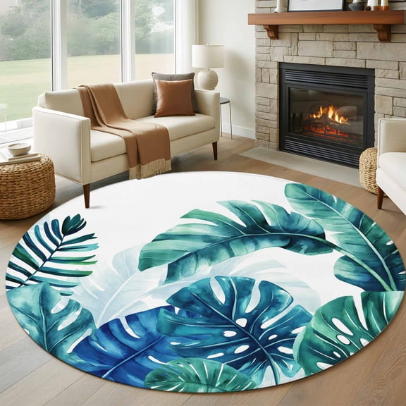 Blue Teal Leaves Round Area Rug 7Ft Washable Circle Rugs for Dorm Laundry Room, Summer Botanical Watercolor Leaf Non-Slip Carpet Floor Mats Indoor Outdoor Carpet Runner Aesthetic Home Decor