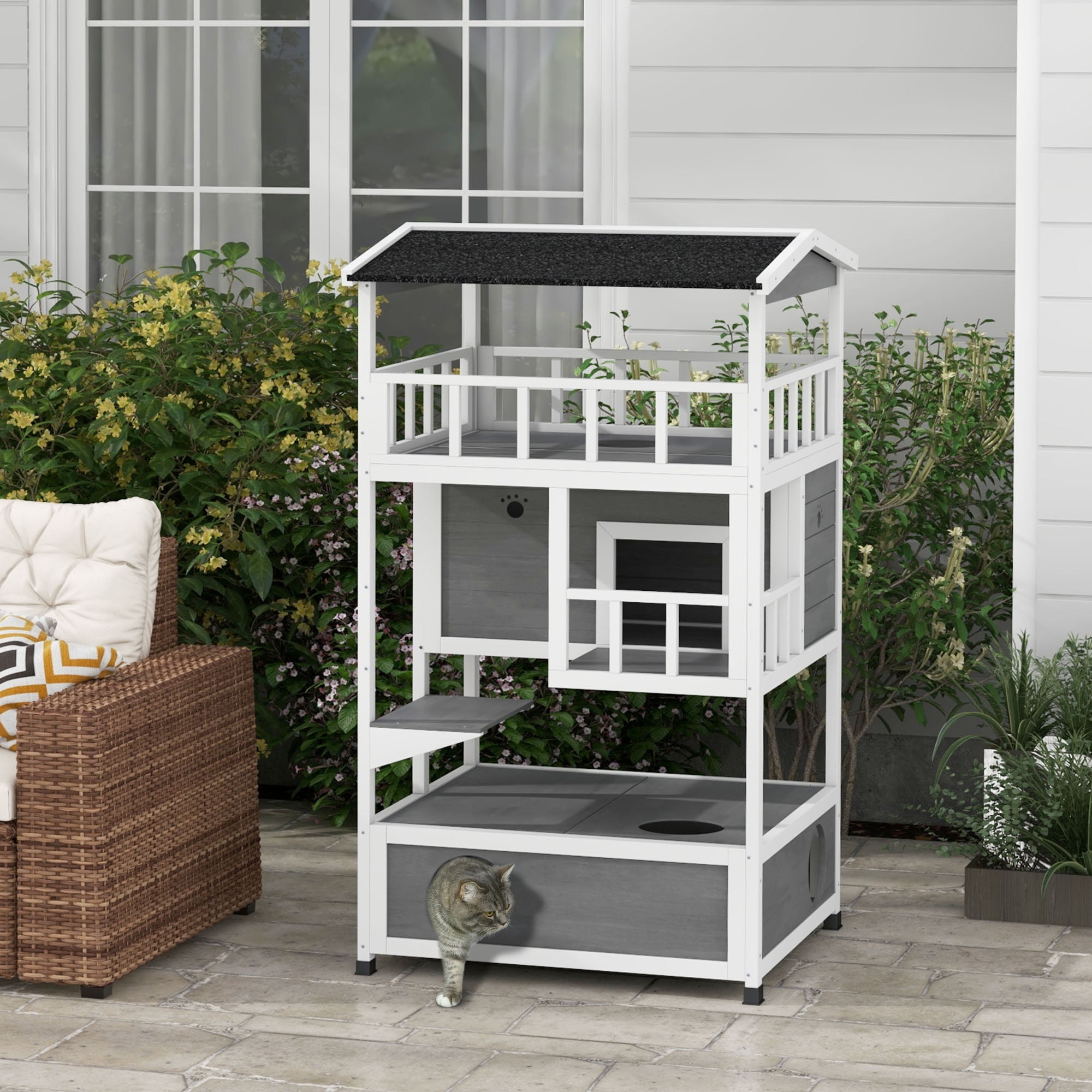 Wooden Outdoor Cat House, Feral Cat Shelter Kitten Condo with Asphalt Roof, Escape Doors, Condo, Jumping Platform, Light Gray