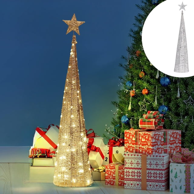 Fiudx Árbol de Navidad de Hierro con Luces Led, Diseño de Torre de Lentejuelas Luminosas, Estrella Superior Brillante, Cadena de Luces Led Cálidas, Decoración Navideña, Ambiente Festivo Moderno, Tama
