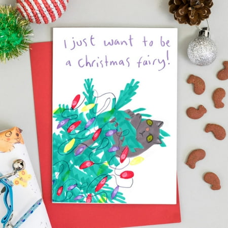 Funny Christmas Card for Cat Lovers – "I Just Want to Be a Christmas Fairy!" Whimsical Design – Includes Red Envelope, Blank Inside for Personal Messages
