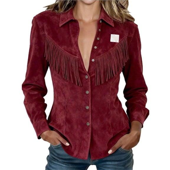 Western Jackets for Women Suede Fringe Jacket Tassel Long Sleeve Button Down Vintage Cowgirl Country Concert Outfits Fringe Suede Western Cowgirl Shirts Rodeo Tops Slim Fit Country Concert Jacket