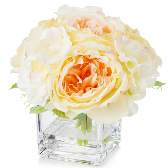 Enova Home Artificial Flowers Mixed Silk Peony and Hydrangea Fake Flowers in Cube Glass Vase with Faux Water for Home Office Wedding Decoration (Champagne)