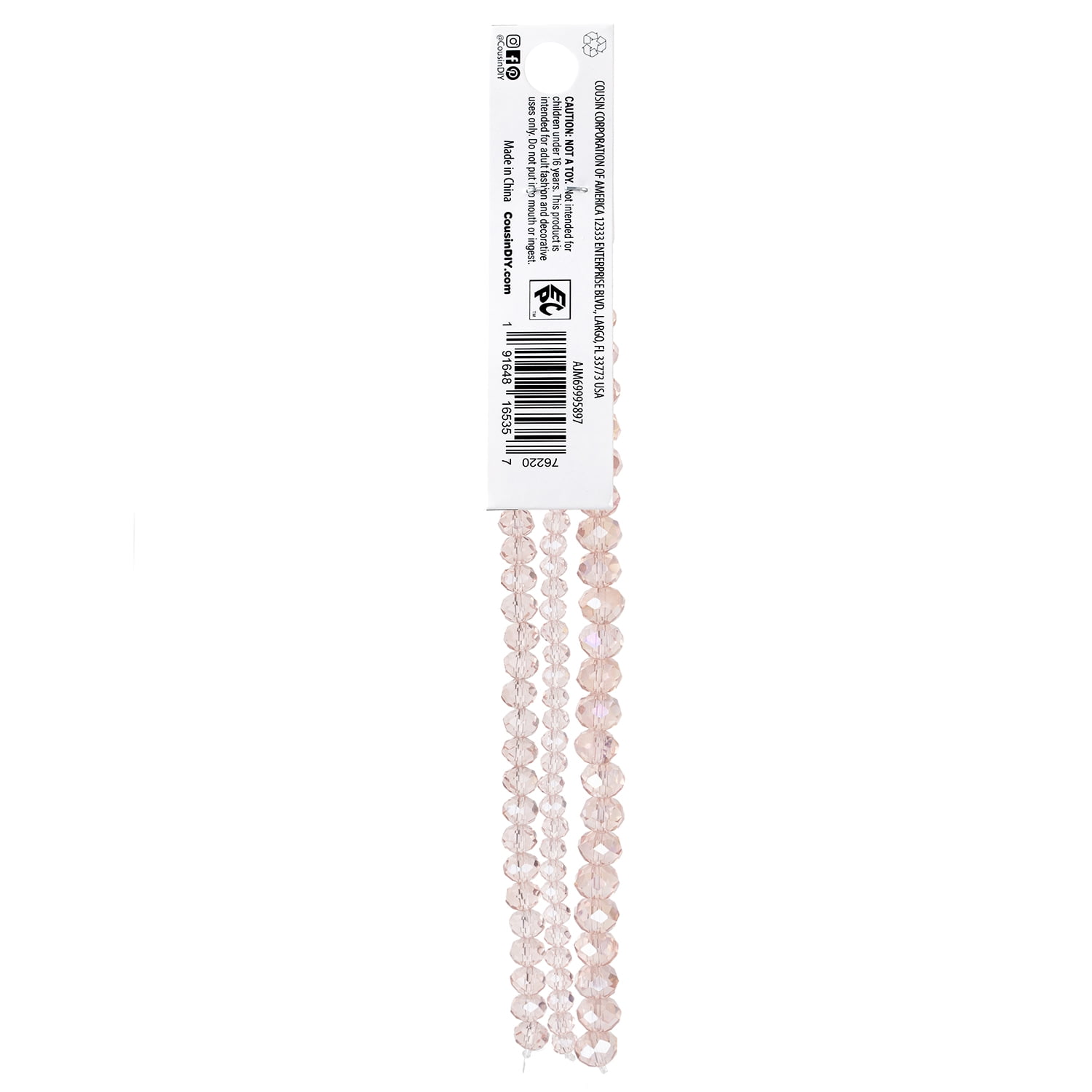 Cousin DIY 3-Strand Light Rose AB Glass Rondelle Beads 4/6/8 mm, 7 in/Strand, 88 Piece