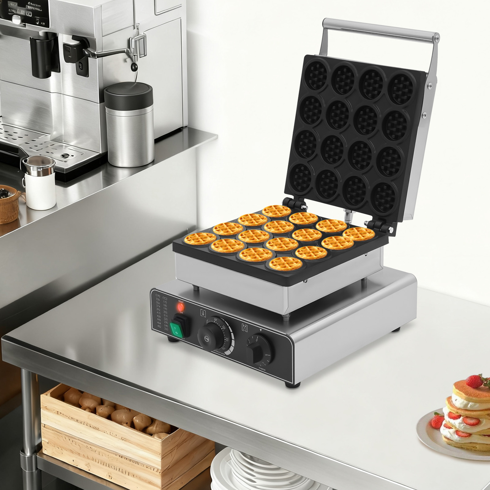 32*32*24cm 16 Grids Silver Commercial Waffle Maker Tabletop Round Electric Waffle Machine with Temperature Control