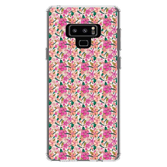 DistinctInk Clear Shockproof Hybrid Case for Samsung Galaxy Note 9 - TPU Bumper, Acrylic Back, Tempered Glass Screen Protector - Preppy Pattern - Pink Flowers Floral