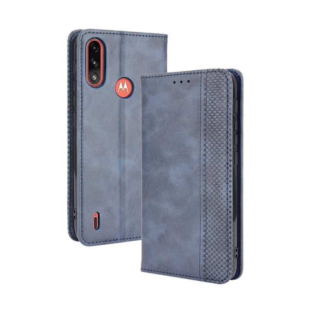 Compatible with Motorola Moto E7i Power Case Magnetic Closure Vintage Pattern PU Leather Wallet Cover with Card Slots-Blue