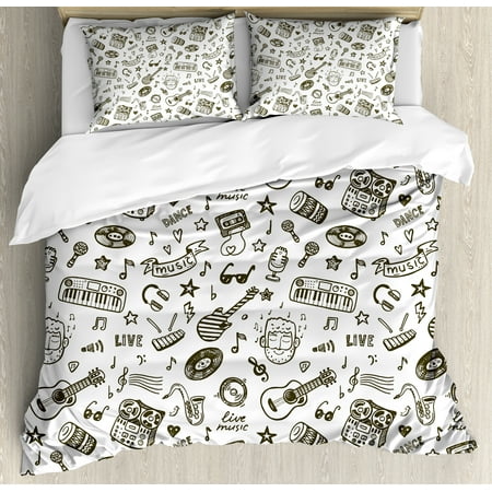 Doodle Duvet Cover Set, Hand Drawn Music Pattern of Item Bearded Musician Guitar Recorder Microphone, Decorative Bedding Set with Pillow Shams, Olive Green White, by