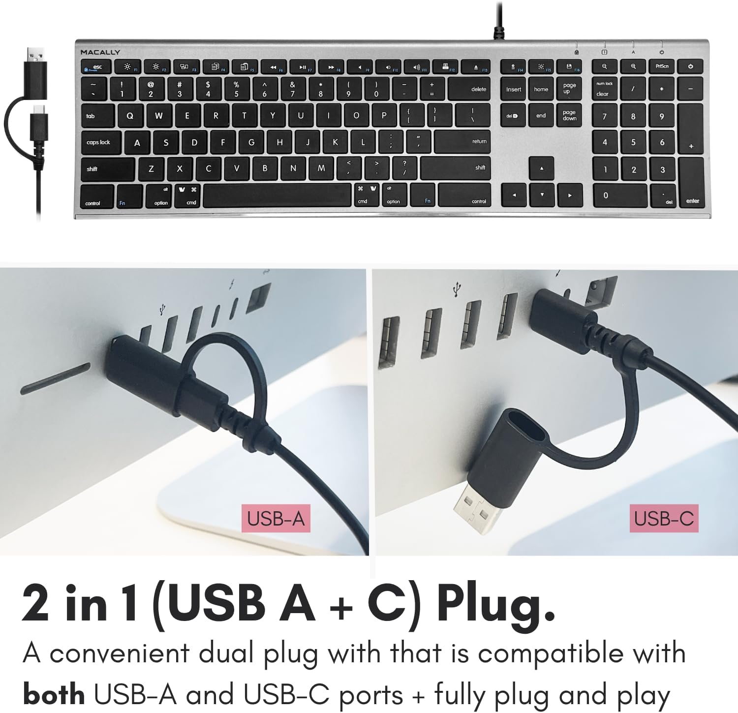 Macally USB C Keyboard (Upgraded) - Dual USB A + C Plug - Wired Keyboard for Mac - Ultra Slim, 20 Shortcuts, 110 Scissor Keys